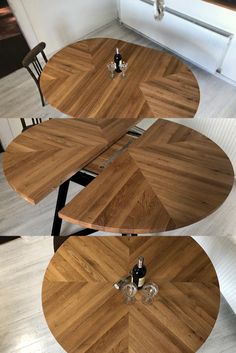 an overhead view of a wooden table and chairs