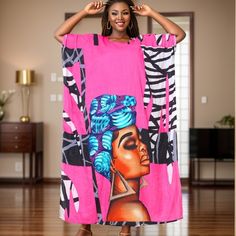 This Handmade African Print Kaftan Maxi Dress Is A Perfect Gift To Yourself Or Your Loved One. Wear It On Casual Trips, Night Wear, Beach, Travel Or Resort Wear Or Comfy-At-Home Loungewear Whatever Your Desired Comfort For A Stunning Look. 100% Polyester Pink Vibrant Print Kaftan For Vacation, Pink Vibrant Print Kaftan For The Beach, Pink Kaftan With Vibrant Print For Beach, Pink Beach Kaftan With Vibrant Print, Pink Vibrant Print Beach Kaftan, Pink Vibrant Print Kaftan For Summer, Pink Printed Boho Beach Dress, Pink Printed Boho Dress For Beach, Beach Boho Pink Printed Dress