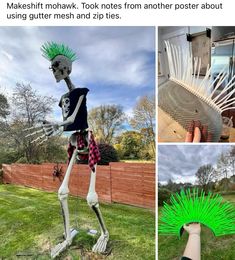 a skeleton holding a green frisbee in it's right hand and another photo with the same thing on it