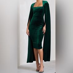 Nwt Club L London Green Velvet Square Neck Midi Dress With Cape Sleeves Us 4 Beautiful Dress! Never Been Worn, Tag Attached. No Flaws Fitted Green Midi Dress For Banquet, Dress With Cape Sleeves, Gloves Dress, Square Neck Midi Dress, Green Gloves, Dress With Cape, Club L London, Velvet Midi Dress, Cape Sleeves