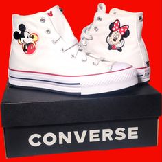 Converse Women's Chuck Taylor All Star High Top Custom Made Mickey/Minnie Mouse Sneakers * Custom-Made * With Hand Laid Crystals On The Toes * Brand New In Box. * Runs Half Size Large. Canvas Upper Is Lightweight And Durable. Iconic Chuck Taylor Ankle Patch. Smartfoam Sockliner For Comfortable All-Day Wear Medial Eyelets Enhance Airflow. Double-Decker Platform Foam/Rubber Outsole Mickey Mouse Converse, White Chuck Taylors, White Chucks, Converse Shoes Womens, Children Shoes, Mickey Minnie Mouse, Mickey Minnie, High Top Shoes, Womens Converse