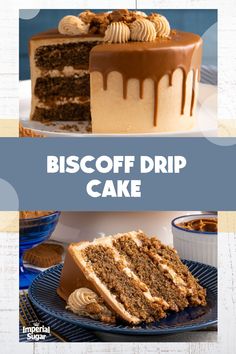 two different cakes with the words biscoff drip cake on top and below them