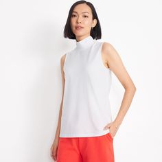 Every woman's closet should be stocked with a few versatile staples just like this sleeveless Women's Lightweight Jersey Mock shirt. Made from a soft cotton modal blend this ladies top resists fading wrinkling shrinking and pilling. The simple mock neck design is perfect worn under a sweater on cold days and it has a relaxed fit that's never tight or restrictive. Sleeveless Mock Neck, Womens Closet, Cozy Cardigan, Charcoal Color, Navy Color, Cold Day, Lands End, Neck Designs, Mock Neck