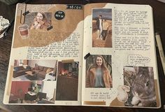 an open book with pictures of people and animals in it on top of a wooden table