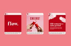 three different red and white cards with the words cheers, gift someone a safe period