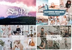 the collage shows images from different places in california dreaming, lightroom presets, and more