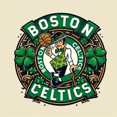 the boston celtic logo is shown in this graphic style, with shamrocks around it