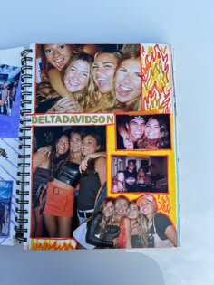 an open spiral notebook with pictures of people on it and the words, delta davidson