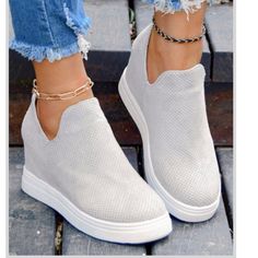 Yasirun Gray Slip-On Wedge Sneaker - Women, Size: 38 Runs Small Fit Size 7 Us. Nike Airmax 270 Women, Balenciaga Track Sneaker, All Black Vans, Yellow Converse, Rick Owens Sneakers, Heel Sneakers, Pride Shoes, Wedge Heel Sneakers, Nike Air Max Excee