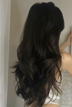 Layered Hair Side Part Long Hair, Soft Black Hair Dye, Wavy Long Hair Layers, Hip Length Hair With Layers, Dark Long Hair With Layers, Black Hair Lowlights, Haircuts For Long Hair Wavy, Super Dark Brown Hair, Hair Vision Board