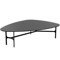 an oval table with black metal legs on a white background