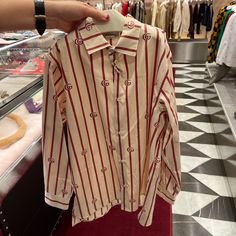 Authentic Nwt Gucci Gg Logo Striped Shirt Kids Size In 8 No Return/Exchange Gucci Cotton Shirt For Spring, Designer Gucci Tops For Spring, Gucci Designer Shirt For Spring, Gucci Collared Blouse For Spring, Designer Cotton Shirt With Monogram Print, Luxury Long Sleeve Cotton Blouse, Luxury Cotton Long Sleeve Blouse, Casual White Gucci Shirt, Gucci Spring Collared Blouse