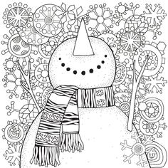 a snowman with a party hat and scarf on his head is surrounded by doodles