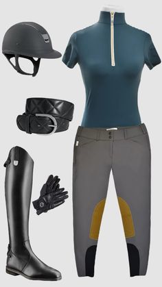 a woman's equestrian outfit with riding gear