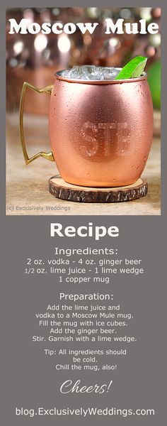 a menu for a moscow mule recipe with an image of a copper mug filled with ice and mint