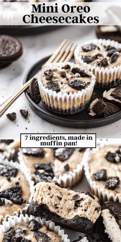 mini oreo cheesecakes with chocolate chips and oreos in the middle on a plate