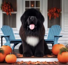 a large black dog sitting on top of a porch next to blue chairs and pumpkins