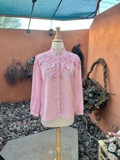 Elegant Pink Lace Top Blouse, Pink Long Sleeve Blouse With Lace Collar, Spring Pink Tops With Lace Sleeves, Pink Lace Sleeve Top For Spring, Pink Long Sleeve Lace Top Blouse, Pink Lace Collar Top For Spring, Spring Pink Top With Lace Collar, Pink Fitted Lace Blouse, Pink Lace Fitted Blouse