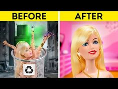 barbie doll before and after plastic surgery in the trash can with blonde hair, blue eyes and red lips