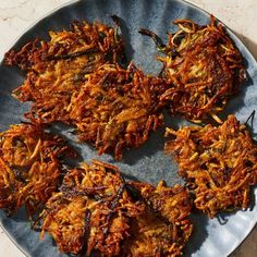 several fried food items on a blue plate