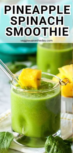 pineapple spinach smoothie in a small glass with a spoon on the side