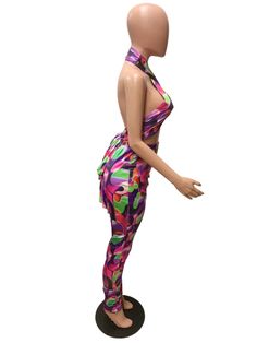 Sexy Women Summer Clothing Printed Halter Backless Crop Top Pants Party Clubwear Two Piece Set Pink High-waist Jumpsuits And Rompers For Party, High Waist Pink Jumpsuit For Party, Pink High-waist Jumpsuit For Party, High-waist Pink Jumpsuit For Party, Stretch Halter Neck Jumpsuit For Party, Multicolor Bottoms For Night Out Party Season, Multicolor Bottoms For Party Season Night Out, Disco Style Multicolor Party Bottoms, Multicolor Disco Party Bottoms