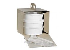 an open cardboard box with four white dishes in it and forks sticking out of the lid