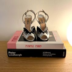 -Miu Miu 2016 Silver Leather Peep Toe Sandals With Black Appliqu And Ankle Strap -Size 40 - Tts -Worn Once (For 2 Hours Lol) Chic Silver Sandals With Sculpted Heel, Silver Sandals With Sculpted Heel For Cocktail, Modern Silver Pointed Toe Sandals, Modern Silver Sandals With Pointed Toe, Modern Silver Heels For Cocktail, Modern Silver Cocktail Heels, Luxury Miu Miu Summer Heels, Luxury Miu Miu Heels For Summer, Chic Miu Miu Open Heel Sandals