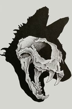 a black and white drawing of a wolf's skull