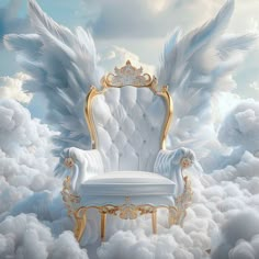 an ornate white chair with gold trim and wings in the sky, surrounded by clouds