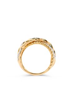 Rope and braided textures add dimensional play to a polished 14-karat-gold ring complete with round-cut diamonds for a dazzling finish. Total diamond weight: 0.37ct. Color: G–H Clarity: SI1 14k gold/diamond Imported Diamond Guide Formal Yellow Gold Jewelry With Interwoven Design, Elegant Gold Rings With Interwoven Design, Modern Twist Yellow Gold Rings With Diamond Accents, Yellow Gold Jewelry With Interwoven Design, Modern Twist Yellow Gold Diamond Ring For Anniversary, Modern Twist Yellow Gold Diamond Ring With Accents, Anniversary Yellow Gold Diamond Ring With A Modern Twist, Anniversary Modern Twist Yellow Gold Diamond Ring, Diamond Guide