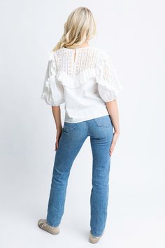 This classic Eyelet Poplin Novelty Top features intricate eyelet detailing and playful ruffles. Crafted with high-quality poplin fabric. Dress Home, White Maxi, White Maxi Dresses, Sweater Blouse, Poplin Fabric, Dress Romper, Dresses For Sale, Ruffles, Jumpsuit Romper