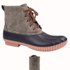 Sturdy, Fashionable And Functional Boots With A Rubber, Water Resistant Sole, Lace Tied Front, Simply Southern Rubber Patch On The Heel And Suede Ankle Design. Made Of Pu Leather And Pvc. Color Is Suede Gray Top With Blue Bottom. Simply Southern Shoes, Black Duck Boots, Blue Grey Color, Womens Duck Boots, Rubber Patch, Gray Top, Simply Southern, Duck Boots, Gray Suede