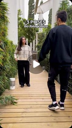 a man and woman walking down a wooden walkway in front of some plants with the words 5 poses no longer