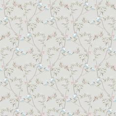 a floral wallpaper pattern with white and blue flowers on grey background, suitable for use in interior or exterior decor