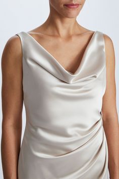 Cowl neck cocktail dress. Shown in Champagne Fluid Satin.