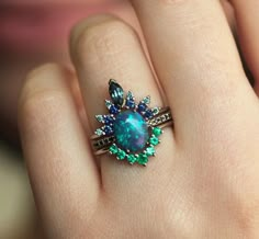 Black Opal Wedding Ring, Opal Wedding Ring Set, Gem Rings, Opal Engagement Ring Set, Emerald Wedding Band, Black Opal Ring, Opal Wedding Rings, Estate Rings, Engagement Sets