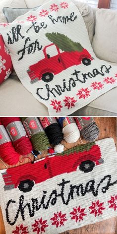 a red truck with a christmas tree on it is sitting next to some yarn