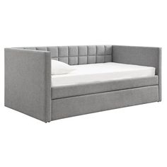 the daybed is made from grey fabric