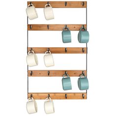 several mugs are hanging on a wooden rack