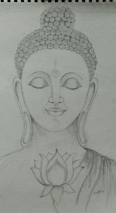 a pencil drawing of a buddha with a lotus flower in her hand and eyes closed