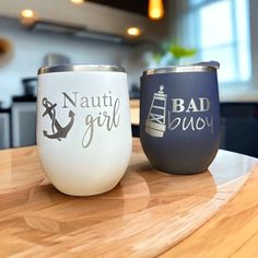 "These gorgeous and funny little wine tumblers are as beautiful as they are practical!  Perfect for all your favorite cocktails & wine.  We use a commercial-grade laser engraving machine to PERMANENTLY etch your design into the cup, so no worrying about vinyl stickers peeling off.  This listing is for the \"NAUTICAL\" designs. The option to personalize the backside is available.  Looking for different text or custom designs? Just ask.  They make a perfect custom gift for bridesmaids, groomsman, Cruise Tumbler Ideas, Yeti Engraving, Cruise Cups, Cricut Tricks, Beach Tumblers, Beach Cups, Vacation Tumbler, Cocktail Cup, Cruise Planning