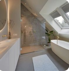 a bathroom with a skylight and a bathtub