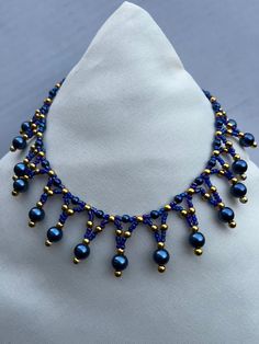 Beautiful blue and gold beaded necklace choker Gold Beaded Necklace, White Pearl Bracelet, Gold Bead Necklace, Pearl Choker Necklace, Necklace Choker, Pearl Choker, Beaded Necklaces, Blue And Gold, Jewelry Patterns