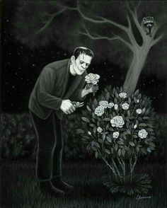 a drawing of a man holding roses in front of a tree with an owl on it