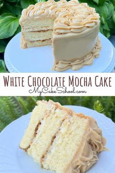 two pictures side by side of a white chocolate mocha cake