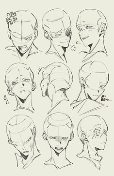 the head and shoulders of an anime character with different facial expressions, including one man's face