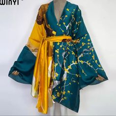 This Is A Stunner! Peacock Blue/Green And Rich Gold Japanese Wrap With Cherry Blossom Trees. Feels Like Silk. Oversized. Eyecatcher! Spring Party Wrap Kimono, Green Kimono, Budget Outfits, Long Sleeve Kimono, Floral Print Kimono, Boho Cardigan, Summer Kimono, Shiny Fabric, Short Kimono