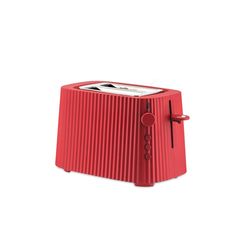 a red toaster sitting on top of a white table