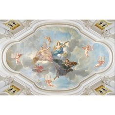 an ornate ceiling painted with angels and cherubs in the center, surrounded by clouds